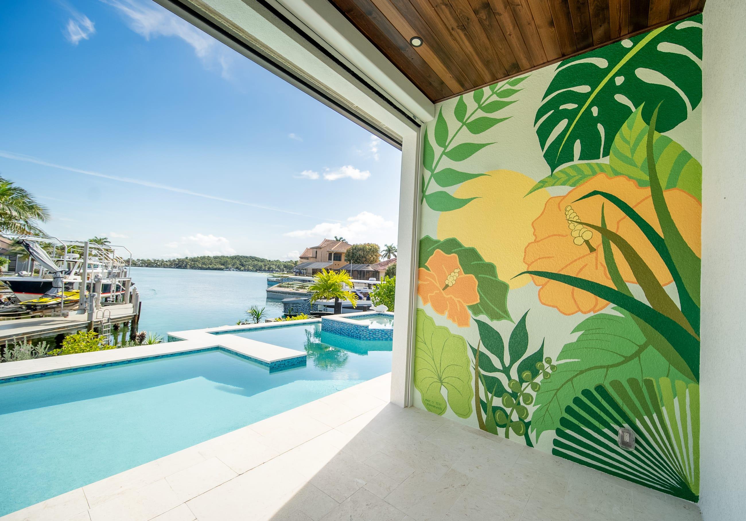 Finished tropical mural on a poolside wall overlooking the St. Petersburg waterfront