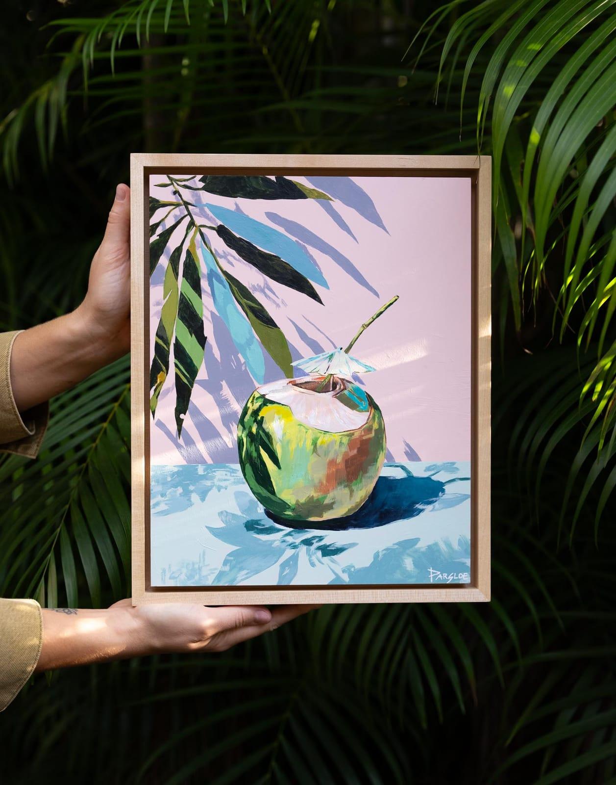Framed original painting of a fresh coconut drink with a paper umbrella