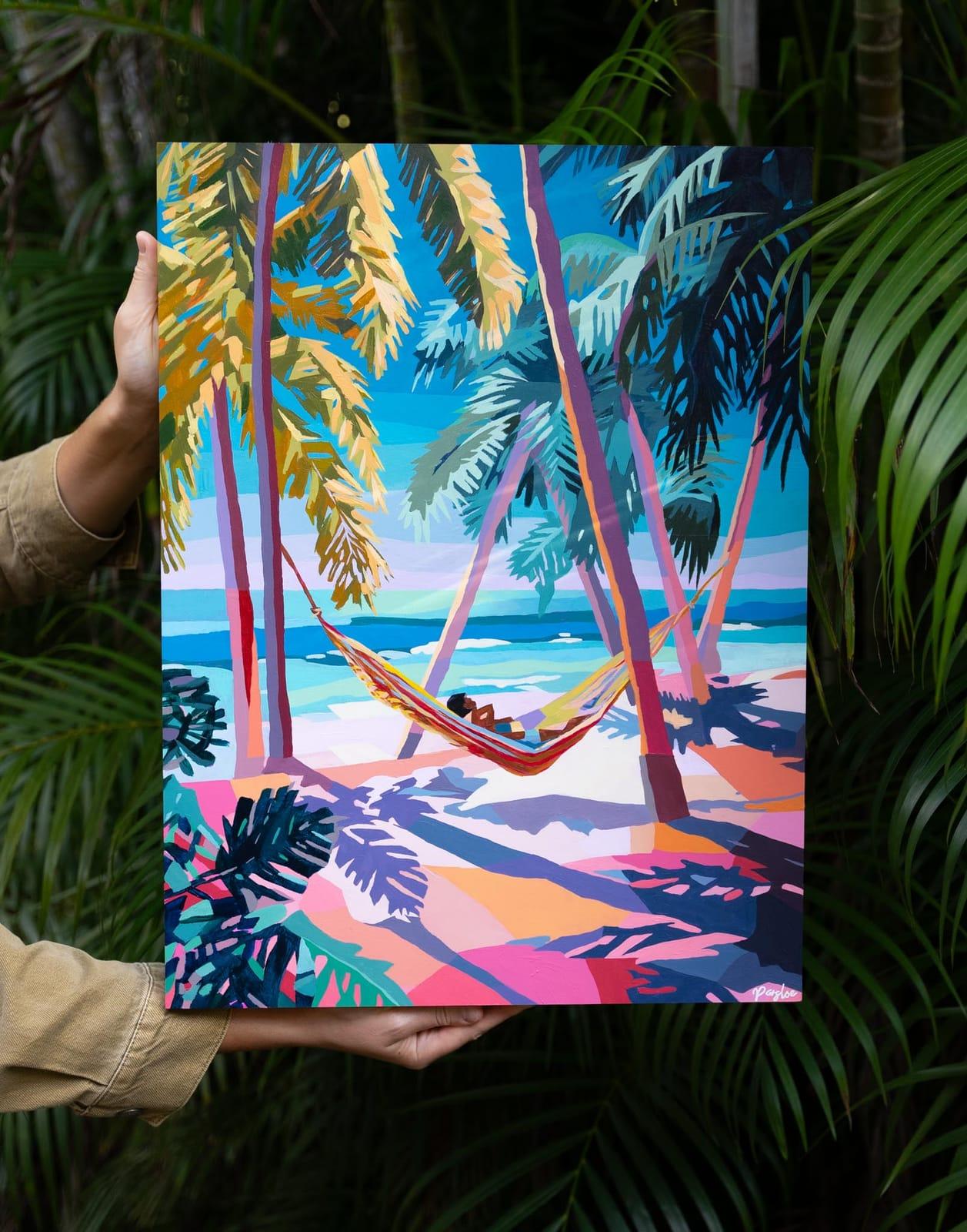 Vibrant original painting of a hammock strung between palms on a tropical beach